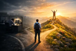 A person standing at a crossroads in their mind